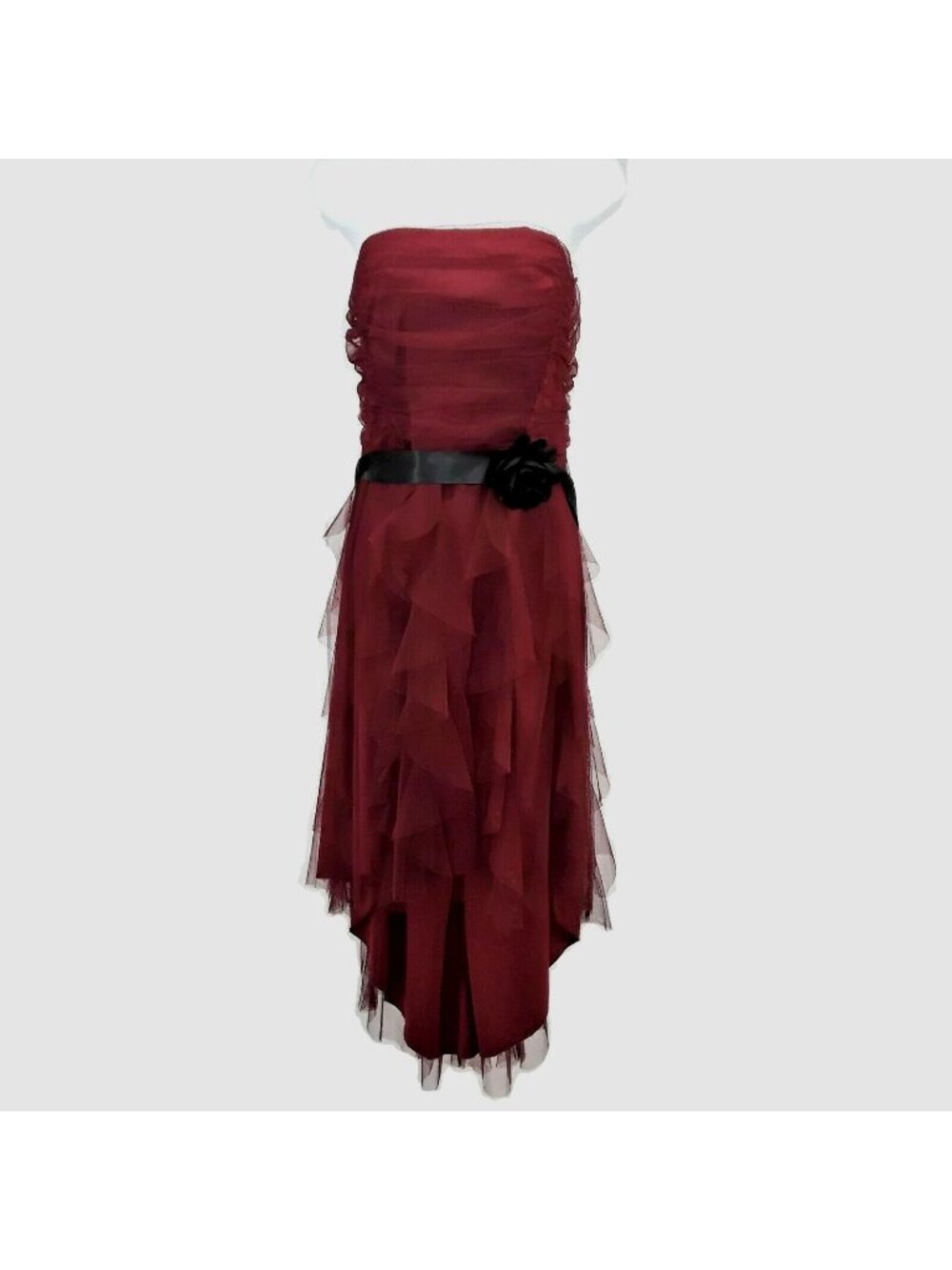 Deb Strapless Hi Low Burgundy Formal Dress Juniors 1XL Layered Tulle